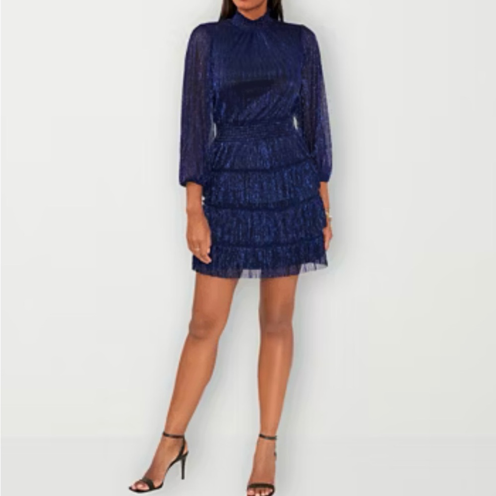 Blue Pleated Long Sleeve Cocktail Dress